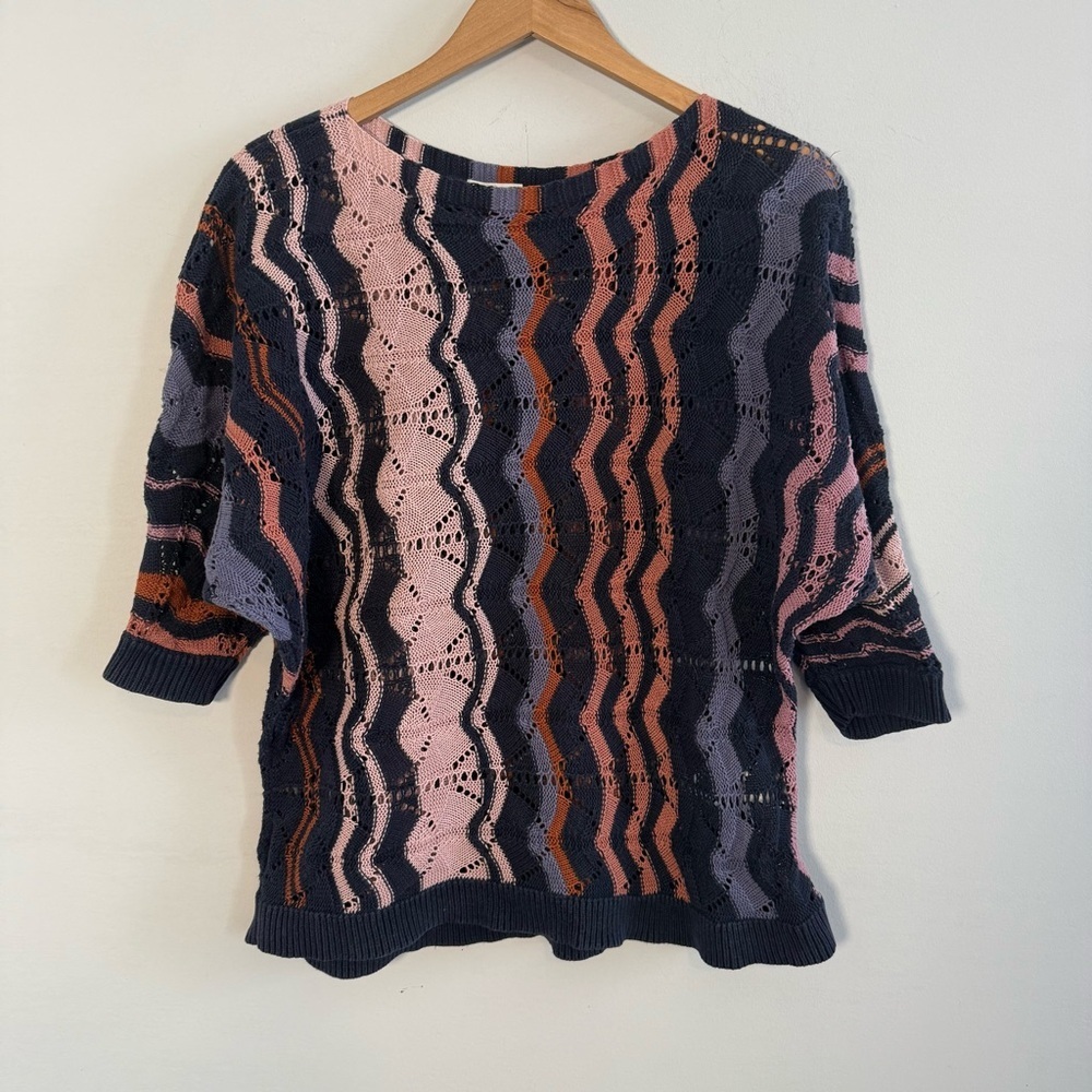 Garnet Hill Boxy Striped Pointelle Sweater, Size M, Organic Cotton Blend